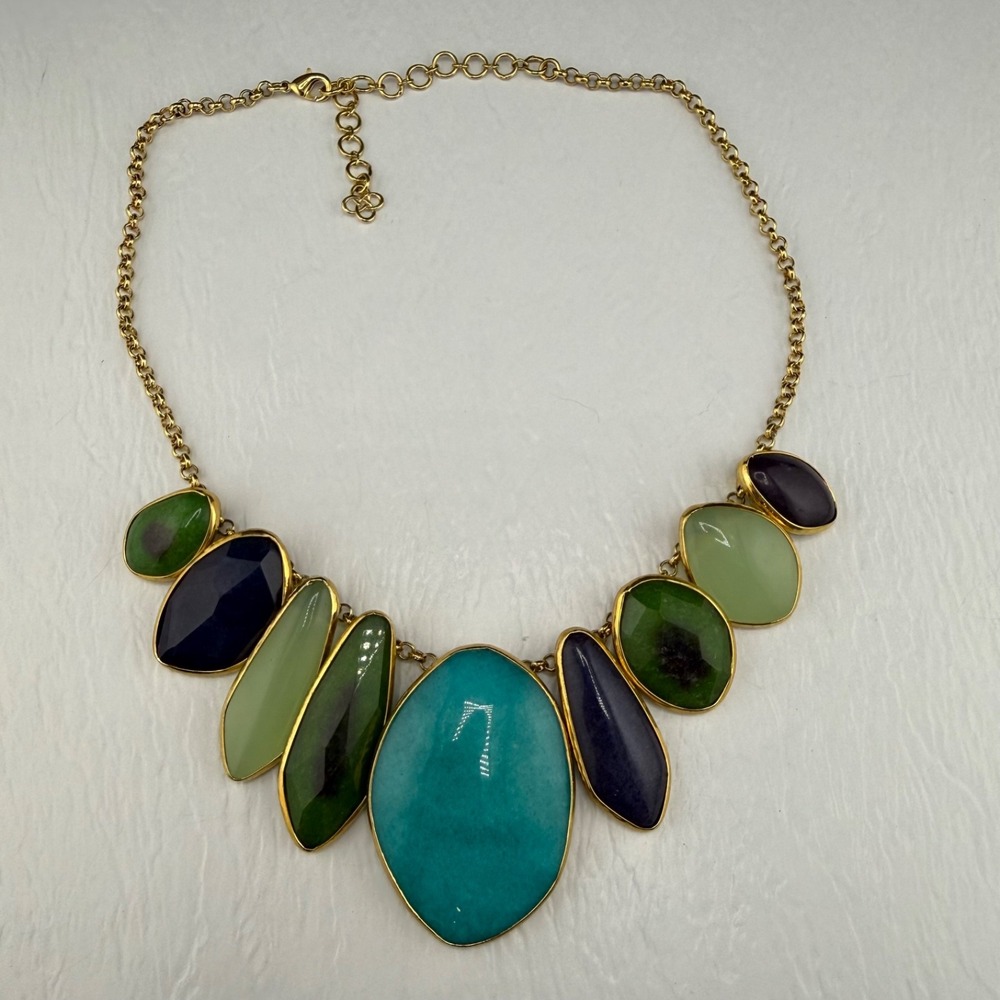 Estate Statement Necklace Gold Tone Blue Green Purple Polished Stone 18in